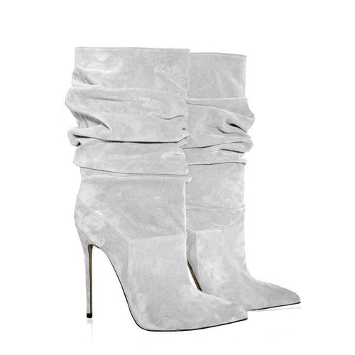 Pointed Toe Suede Stacked Heel Boots